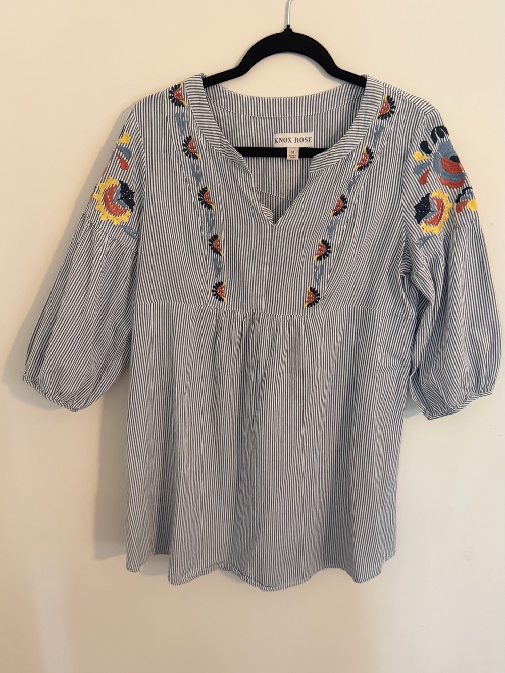 Knox Rose Blue and White Striped Embroidered Peasant Blouse